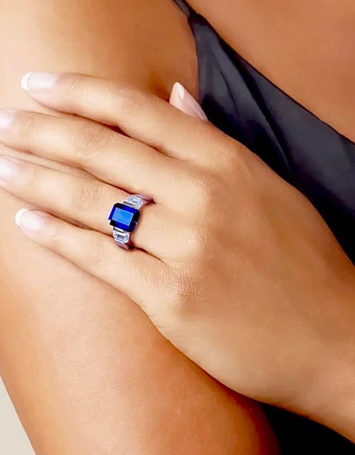 Load image into Gallery viewer, RG208BL B.Tiff 3-Stone 3 ct Blue Emerald Cut Engagement Ring by B.Tiff New York

