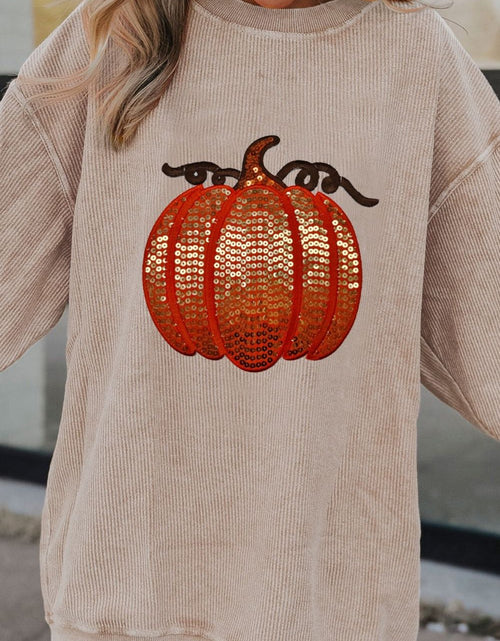 Load image into Gallery viewer, Sequin Pumpkin Round Neck Long Sleeve Sweatshirt
