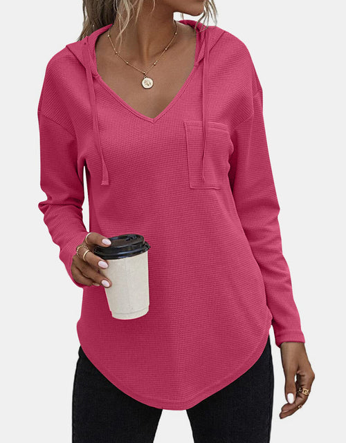 Load image into Gallery viewer, Drawstring Waffle Knit Long Sleeve Hooded Top
