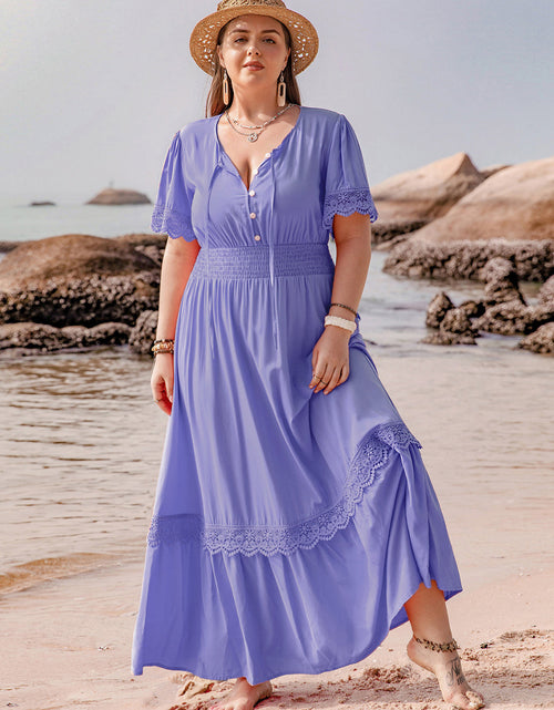 Load image into Gallery viewer, Plus Size Lace Detail Tie Neck Short Sleeve Maxi Dress
