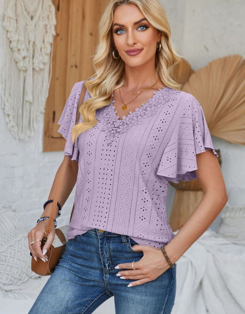 Load image into Gallery viewer, Eyelet Applique V-Neck Cap Sleeve T-Shirt
