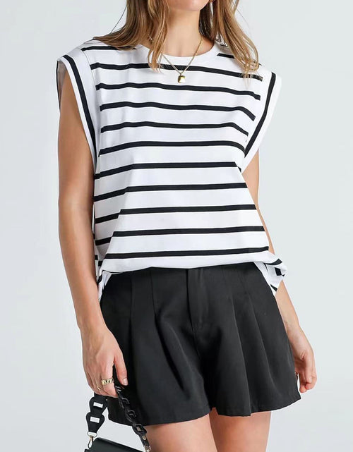 Load image into Gallery viewer, Striped Round Neck Cap Sleeve T-Shirt
