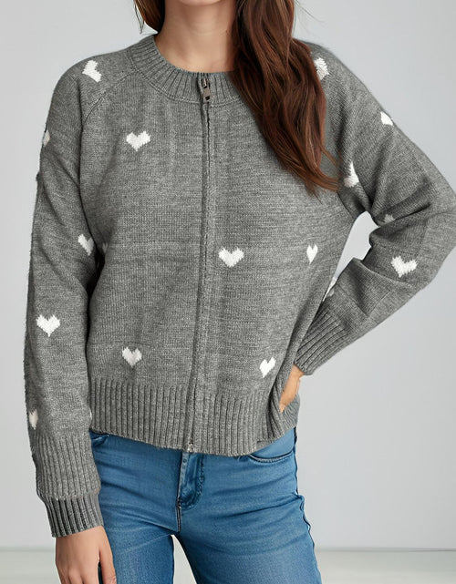 Load image into Gallery viewer, Heart Round Neck Zip Up Cardigan
