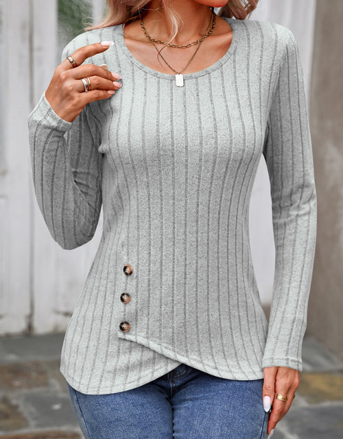Load image into Gallery viewer, Decorative Button Round Neck Long Sleeve T-Shirt
