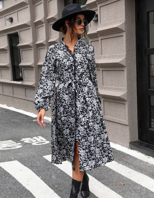 Load image into Gallery viewer, Perfee Lace Detail Printed Long Sleeve Midi Dress
