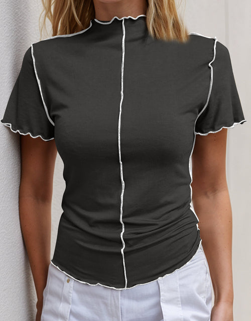 Load image into Gallery viewer, Basic Bae Contrast Trim Mock Neck Short Sleeve T-Shirt
