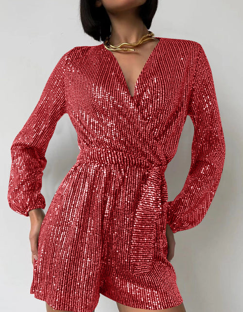 Load image into Gallery viewer, Full Size Sequin Surplice Tie Waist Long Sleeve Romper
