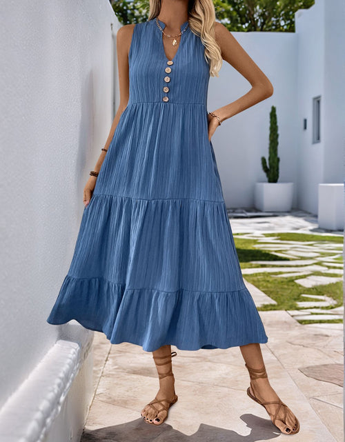 Load image into Gallery viewer, Perfee Decorative Button Notched Sleeveless Tiered Dress
