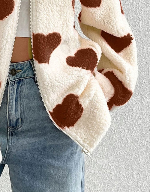 Load image into Gallery viewer, Heart Zip Up Drop Shoulder Furry Jacket
