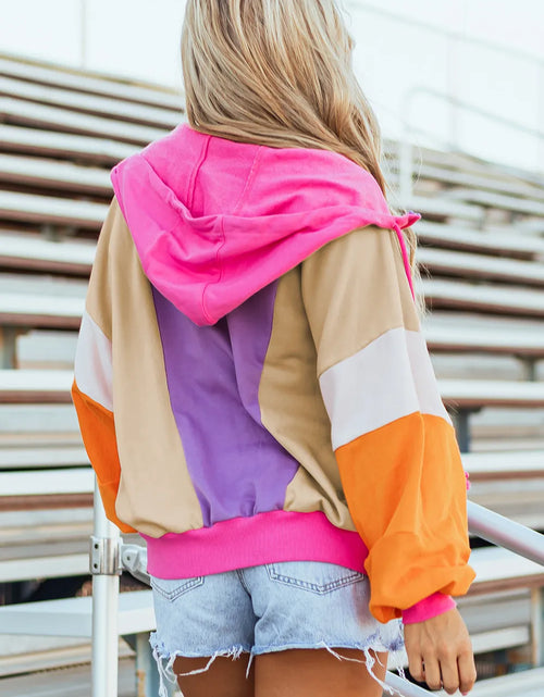 Load image into Gallery viewer, Drawstring Color Block Zip Up Long Sleeve Hoodie
