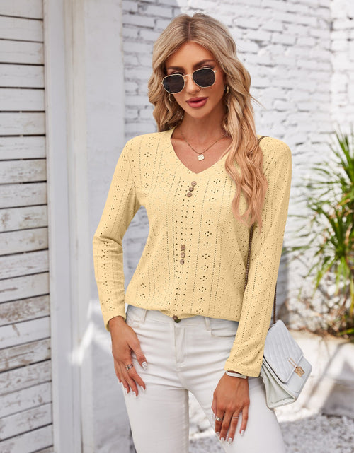 Load image into Gallery viewer, Decorative Button Openwork V-Neck T-Shirt
