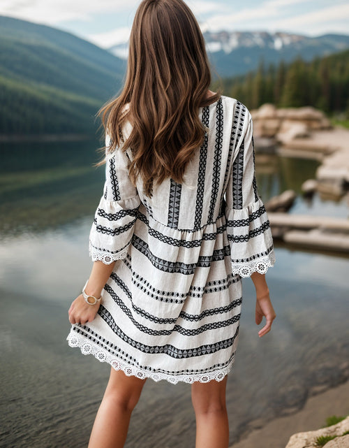 Load image into Gallery viewer, Lace Detail Printed Three-Quarter Sleeve Dress
