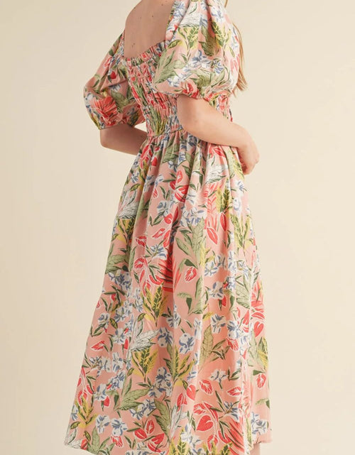 Load image into Gallery viewer, Floral Smocked Square Neck Puff Short Sleeve Midi Dress
