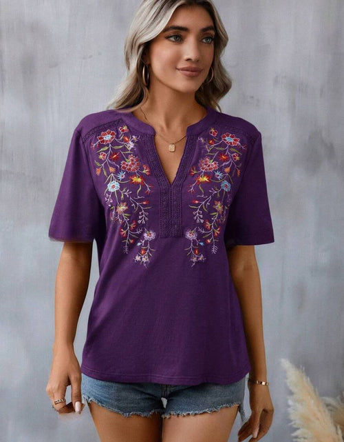 Load image into Gallery viewer, Embroidered Notched Short Sleeve T-Shirt
