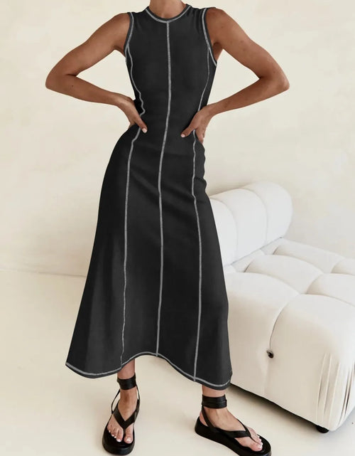 Load image into Gallery viewer, Contrast Stitching Round Neck Sleeveless Midi Dress
