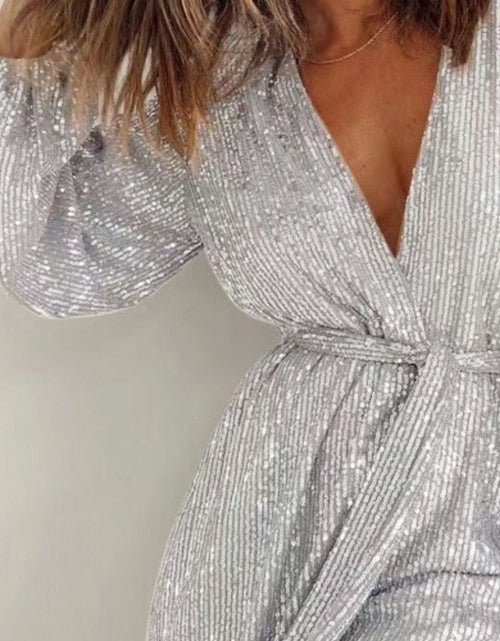 Load image into Gallery viewer, Full Size Sequin Surplice Tie Waist Long Sleeve Romper
