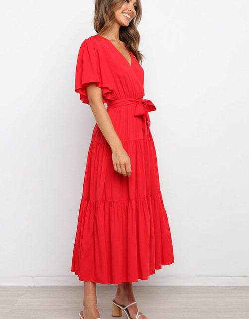 Load image into Gallery viewer, Front Tie Short Sleeve Tiered Midi Dress
