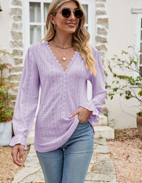 Load image into Gallery viewer, Eyelet Lace Trim Flounce Sleeve Blouse
