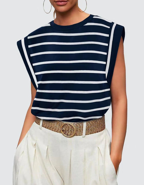 Load image into Gallery viewer, Florira Striped Round Neck Cap Sleeve T-Shirt
