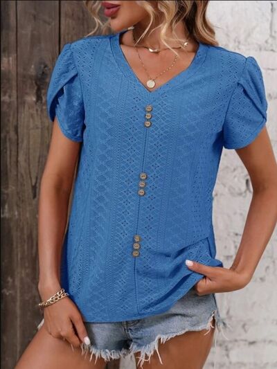 Load image into Gallery viewer, Eyelet V-Neck Petal Sleeve T-Shirt
