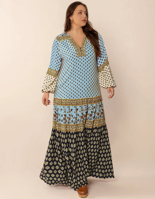 Load image into Gallery viewer, Plus Size Printed V-Neck Balloon Sleeve Maxi Dress
