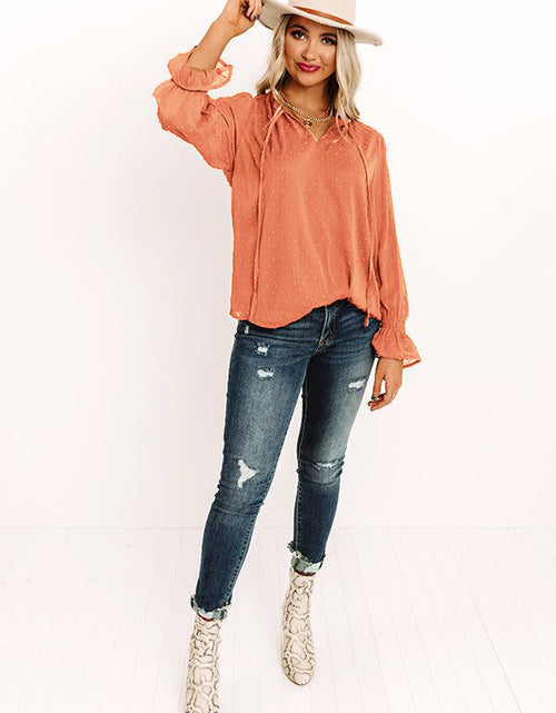 Load image into Gallery viewer, Swiss Dot Tie Neck Flounce Sleeve Blouse
