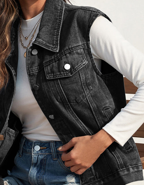Load image into Gallery viewer, Collared Neck Sleeveless Denim Jacket

