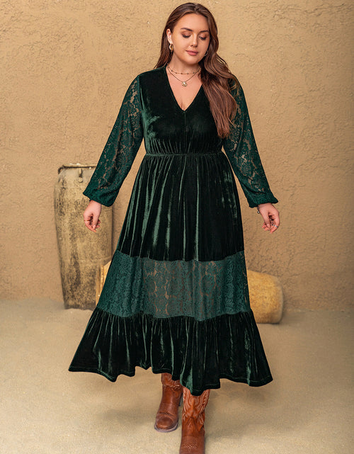 Load image into Gallery viewer, Plus Size Lace Patchwork V-Neck Balloon Sleeve Midi Dress
