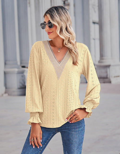 Load image into Gallery viewer, V-Neck Eyelet Flounce Sleeve Blouse
