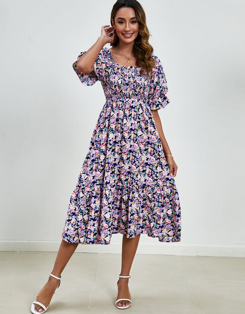 Load image into Gallery viewer, Smocked Floral Square Neck Short Sleeve Dress
