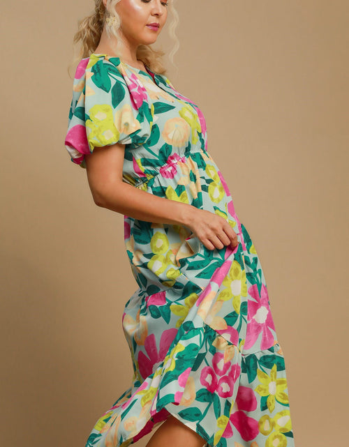 Load image into Gallery viewer, Umgee Full Size Tiered Floral Print Notched Puff Sleeve Midi Dress Plus Size
