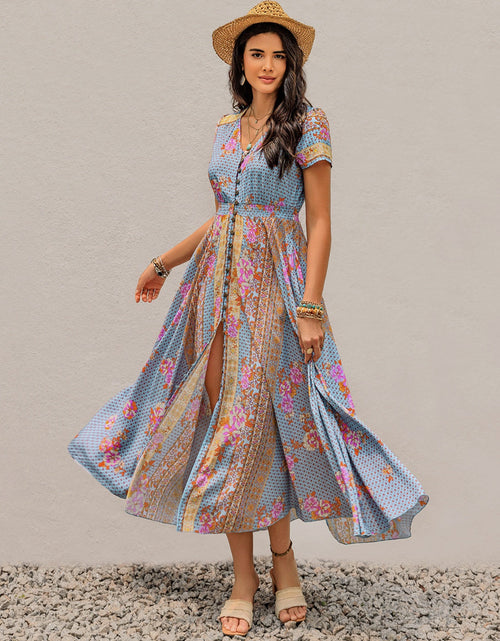 Load image into Gallery viewer, Smocked Floral V-Neck Short Sleeve Midi Dress
