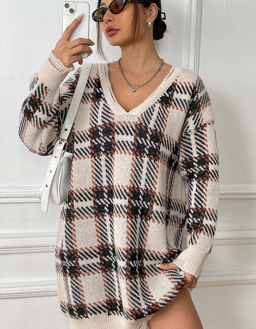 Load image into Gallery viewer, Plaid V-Neck Long Sleeve Sweater Dress
