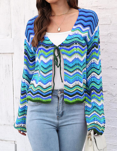 Load image into Gallery viewer, Striped Openwork Tied Cardigan
