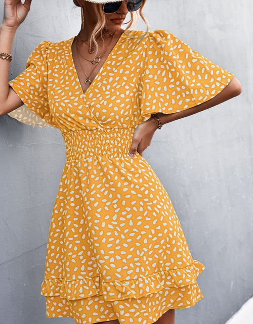 Load image into Gallery viewer, Printed Smocked Waist Layered Surplice Dress
