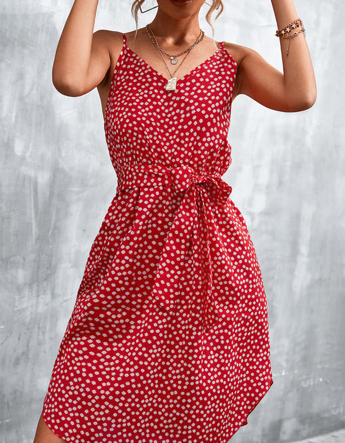 Load image into Gallery viewer, Printed V-Neck Tie Waist Mini Dress
