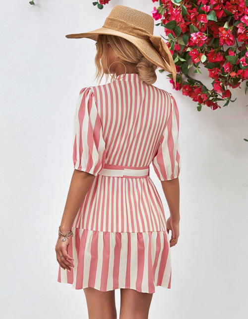Load image into Gallery viewer, Striped Half Sleeve Tie Waist Mini Dress
