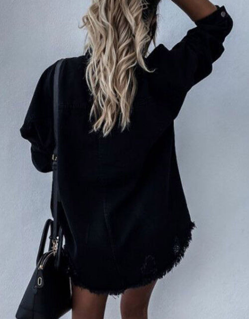 Load image into Gallery viewer, Raw Hem Collared Neck Long Sleeve Denim Jacket

