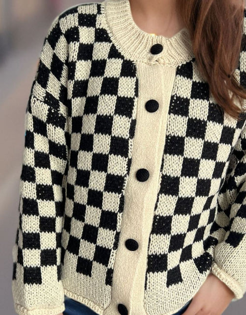 Load image into Gallery viewer, Checkered Button Up Round Neck Cardigan
