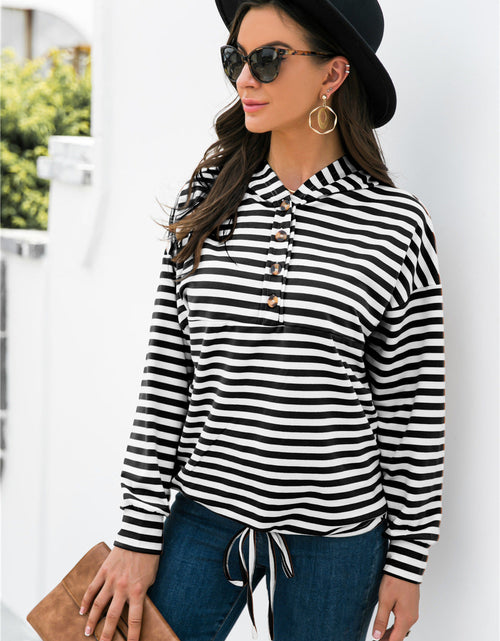Load image into Gallery viewer, Striped Half-Button Dropped Shoulder Hoodie
