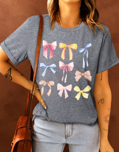 Load image into Gallery viewer, Bow Graphic Round Neck Short Sleeve T-Shirt
