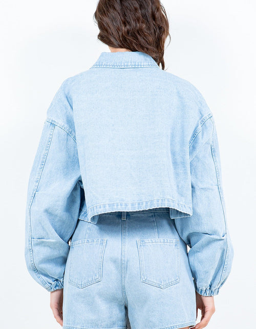 Load image into Gallery viewer, American Bazi Drawstring Waist Crop Denim Jacket
