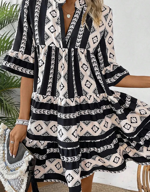 Load image into Gallery viewer, Tiered Printed Notched Half Sleeve Dress
