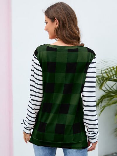 Load image into Gallery viewer, Plaid Striped Round Neck Long Sleeve T-Shirt
