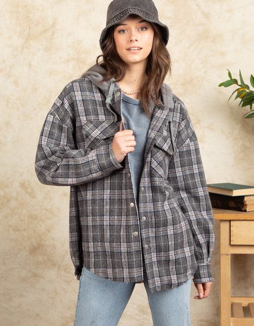 Load image into Gallery viewer, Drawstring Plaid Long Sleeve Hooded Jacket
