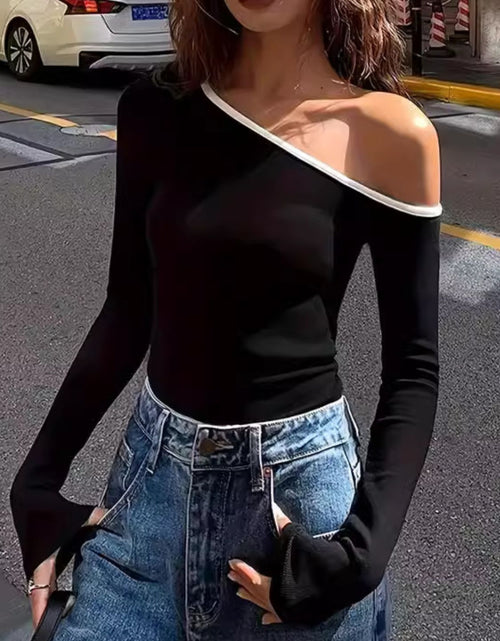 Load image into Gallery viewer, Contrast Trim One Shoulder Long Sleeve T-Shirt
