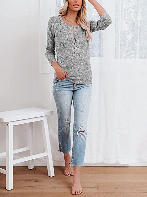 Load image into Gallery viewer, Round Neck Buttoned Long Sleeve T-Shirt
