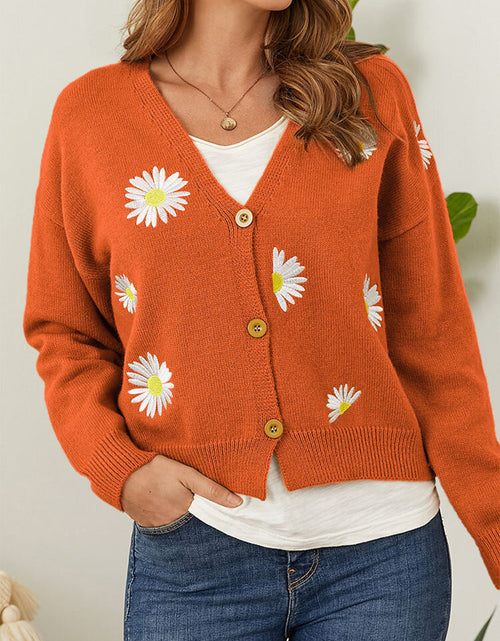 Load image into Gallery viewer, Flower Button Front Dropped Shoulder Cardigan
