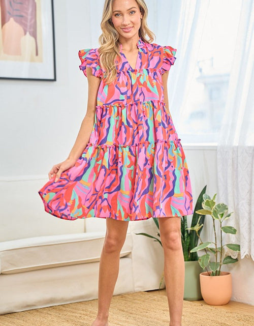 Load image into Gallery viewer, First Love Full Size Printed Ruffle Cap Sleeve Tiered Dress
