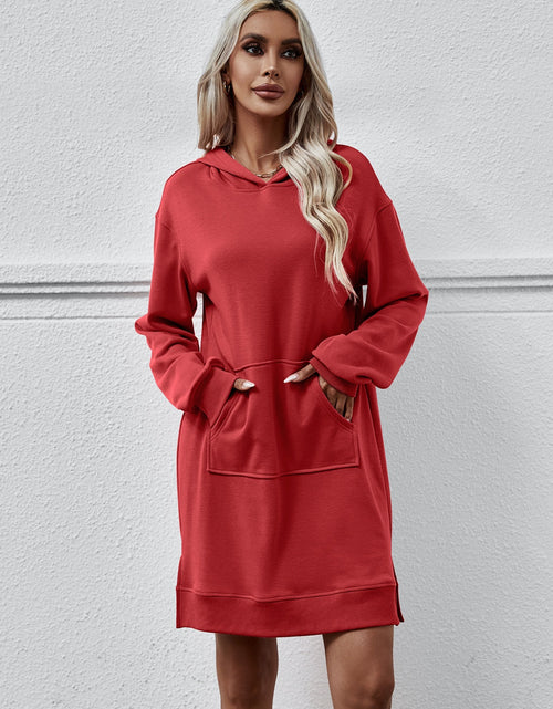 Load image into Gallery viewer, Slit Long Sleeve Hooded Dress with Pocket
